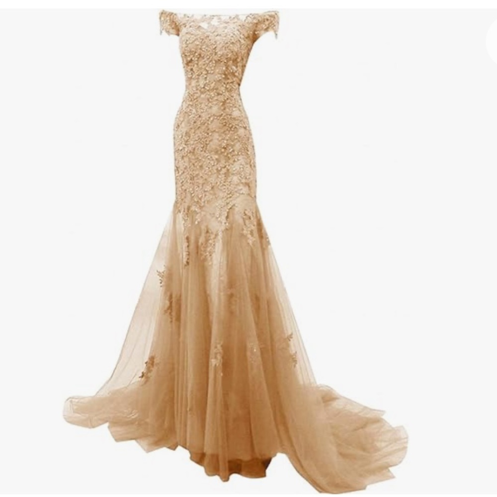 Long Sleeves Mermaid Chiffon Gown with Slit Champagne main image 1